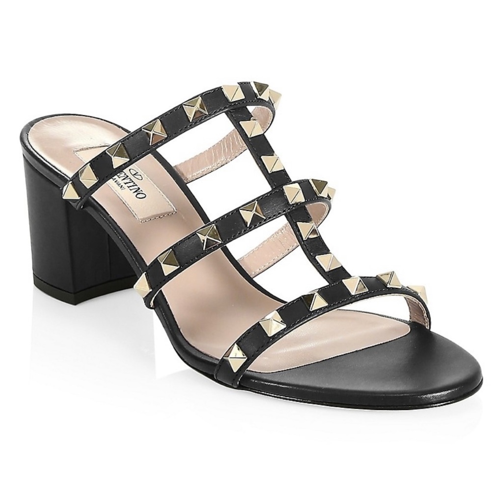 Valentino Garavani Rockstud Leather Mules in black and gold